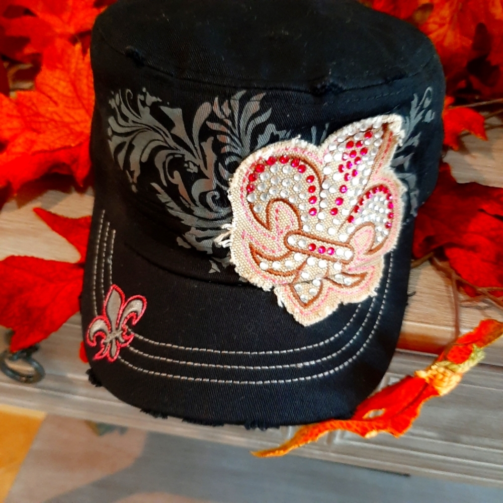 Leader LOGA Rhinestone Black Distressed Frayed Hat- New without tags